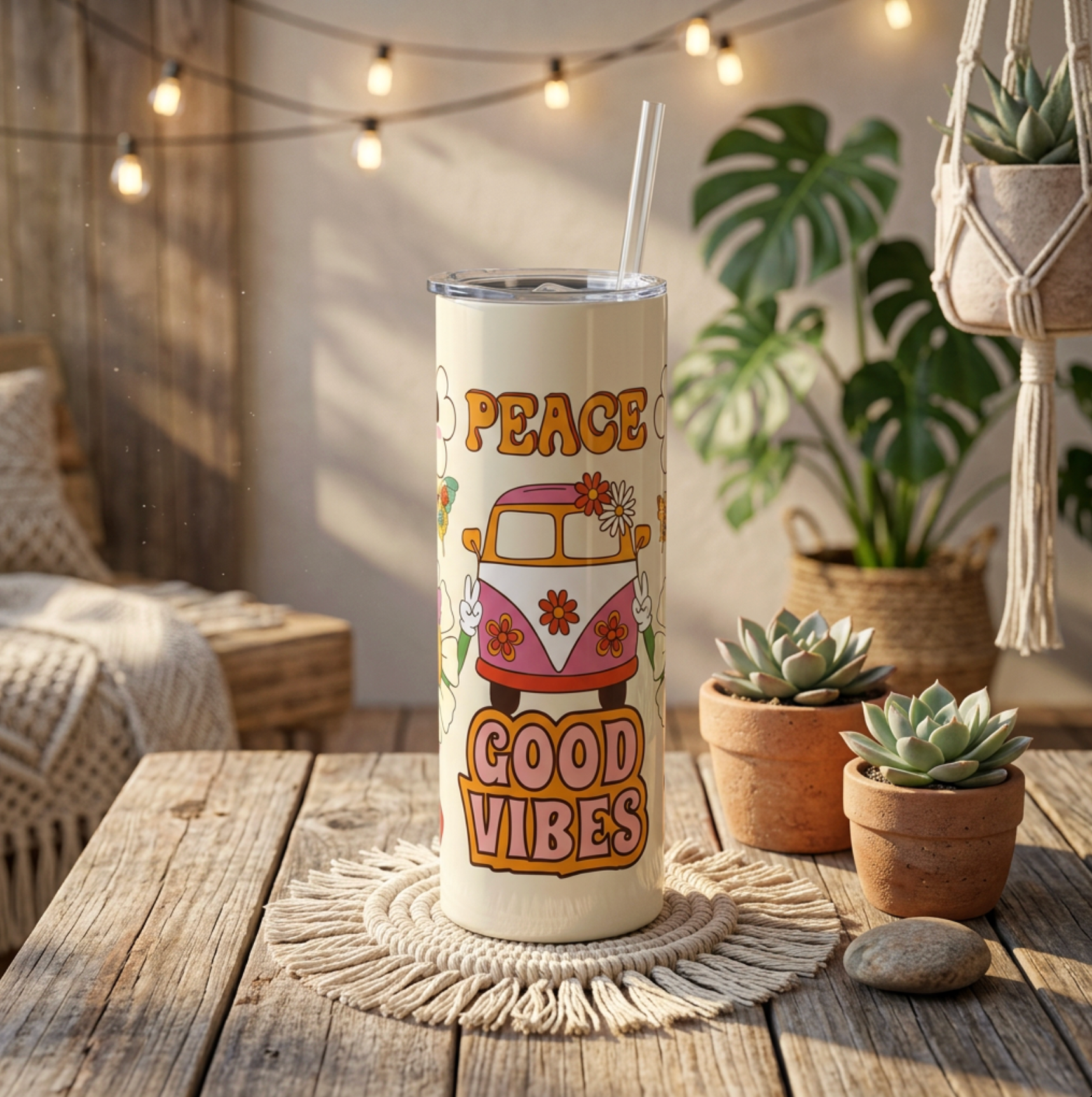 Personalised Slim Stainless Steel Straw Tumbler – 20 oz “Peace and Good Vibes” with Straw