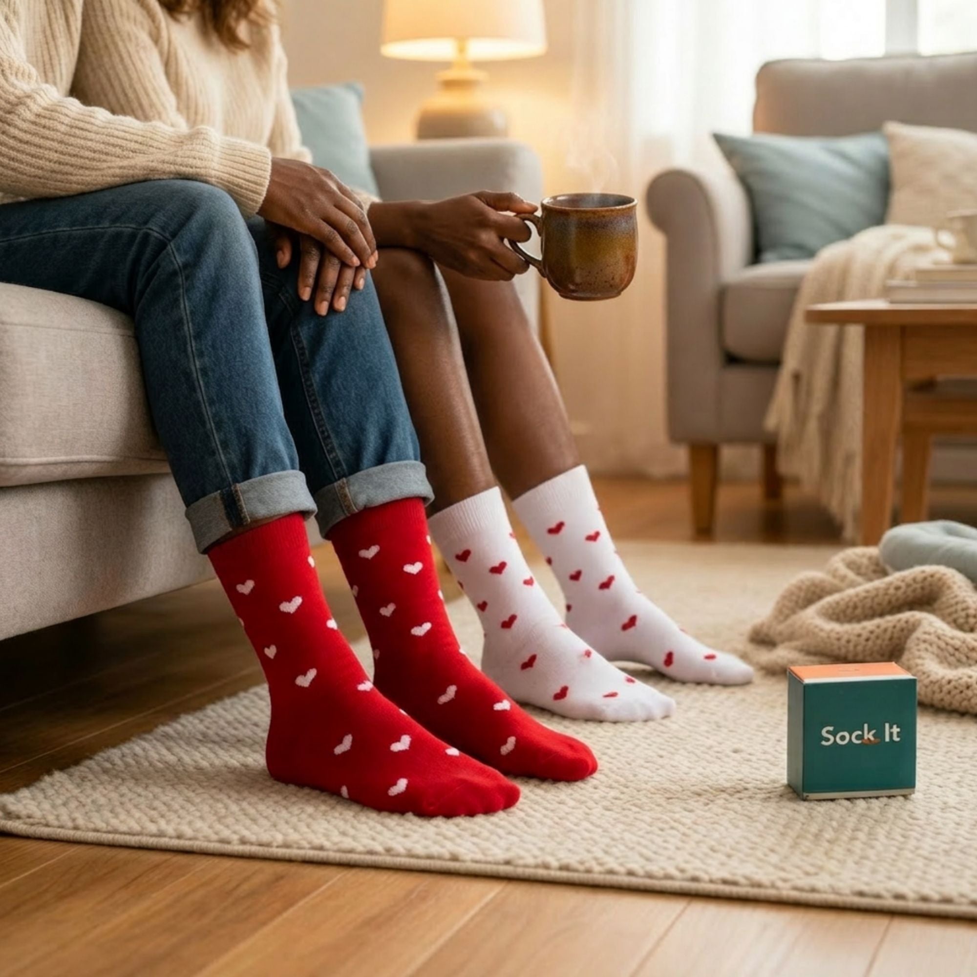 Heart to Heart Cotton Heart Print Sock Set 5.1 Inch – 2-Pair Red & White Socks