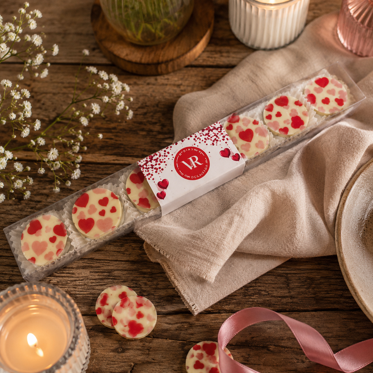 Packaged cookies with heart designs on a wooden table with candles and flowers.