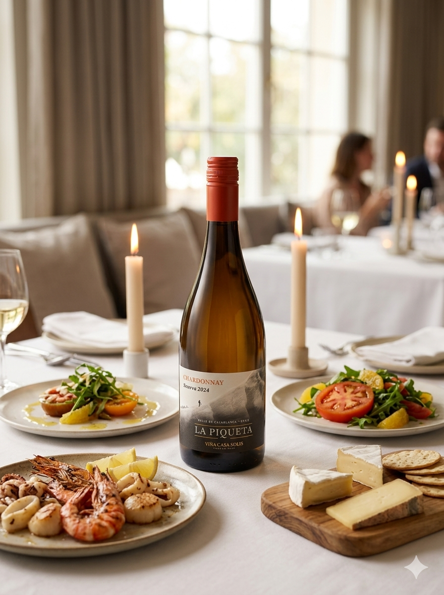 Wine bottle on a table with plates of food and candles in a restaurant setting