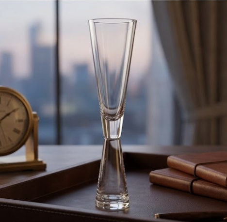 Clear glass flute on a wooden surface with a blurred cityscape background
