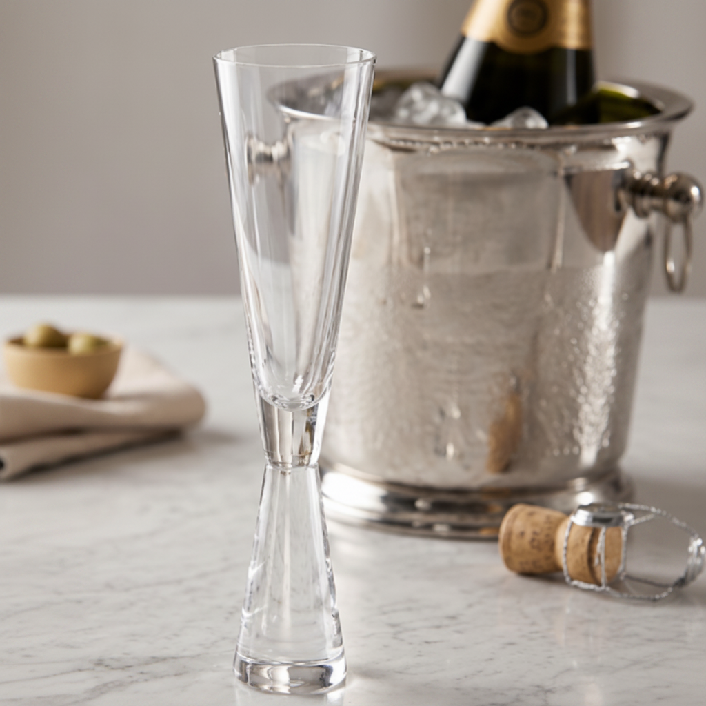 Clear champagne flute next to a silver ice bucket with a bottle of champagne and cork on a light surface.
