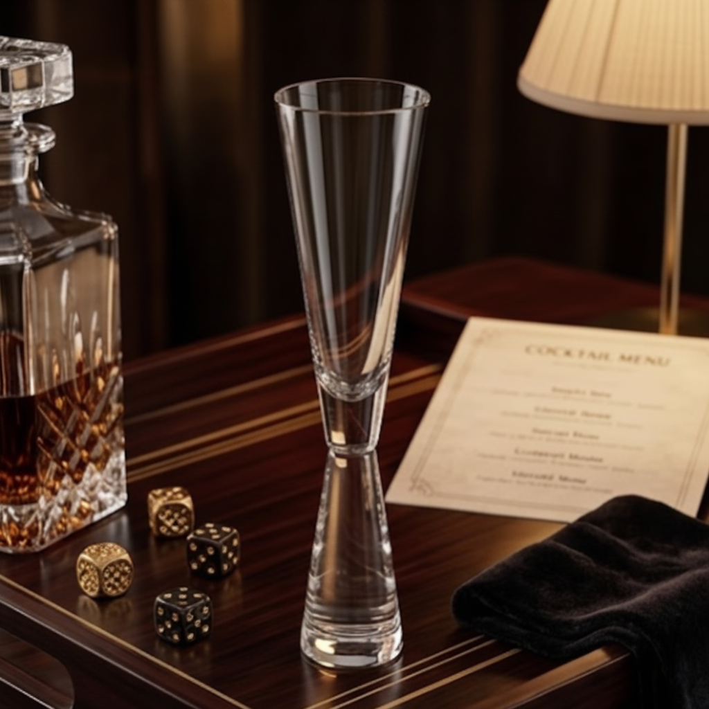Clear glass cocktail flute on a wooden table with a decanter, dice, and cocktail menu in the background.