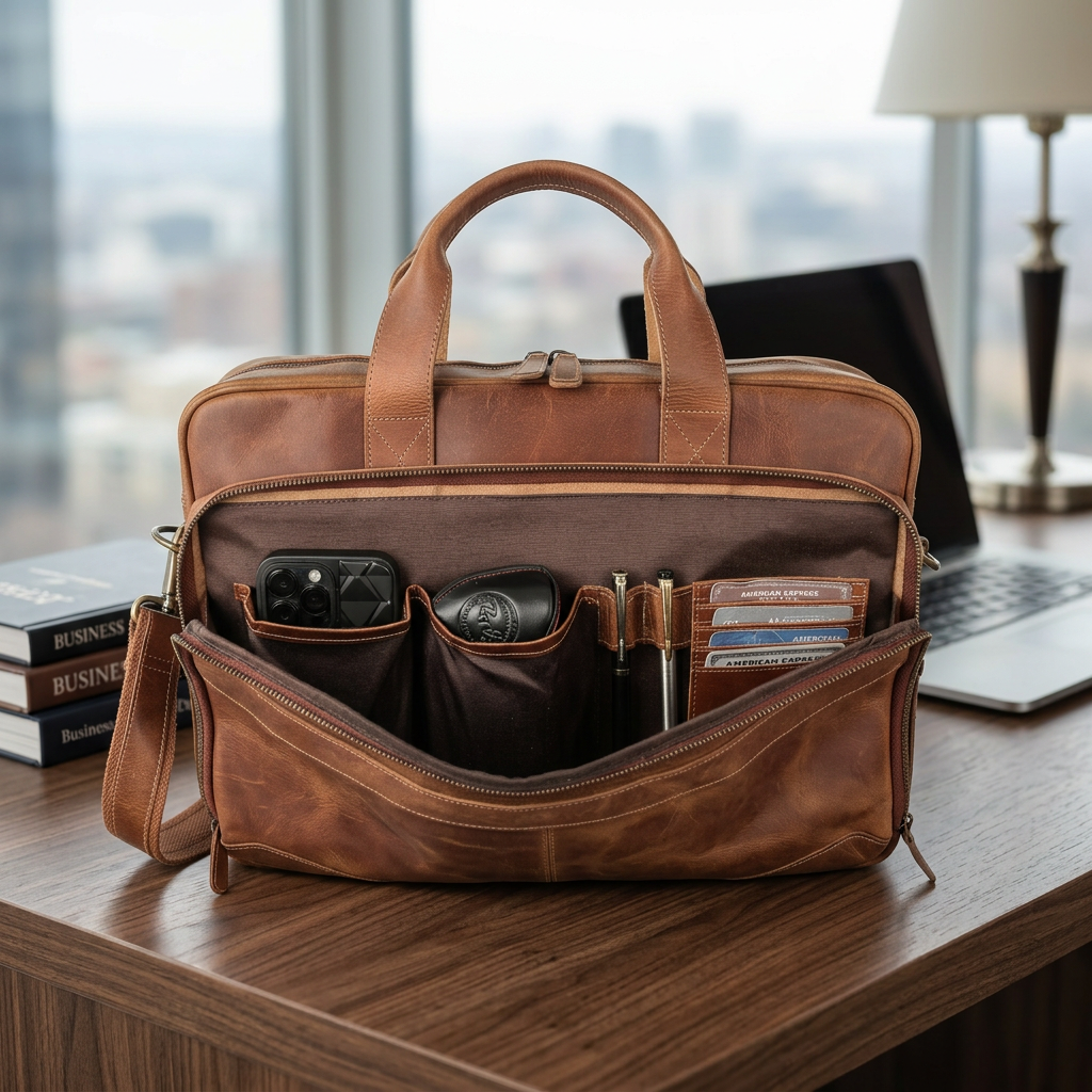 Genuine Leather Laptop Briefcase – Messenger Bag for Men with Adjustable Shoulder Strap – 40 × 10 × 30 cm