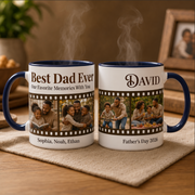 Two personalized mugs with family photos and text on a wooden surface.