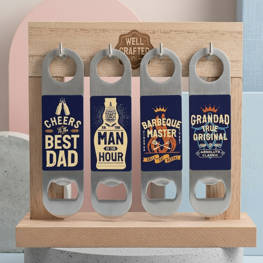 Set of four bottle openers with humorous sayings on a wooden stand.