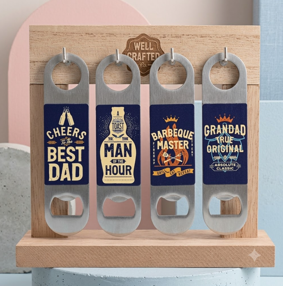 Set of four bottle openers with humorous sayings on a wooden stand.