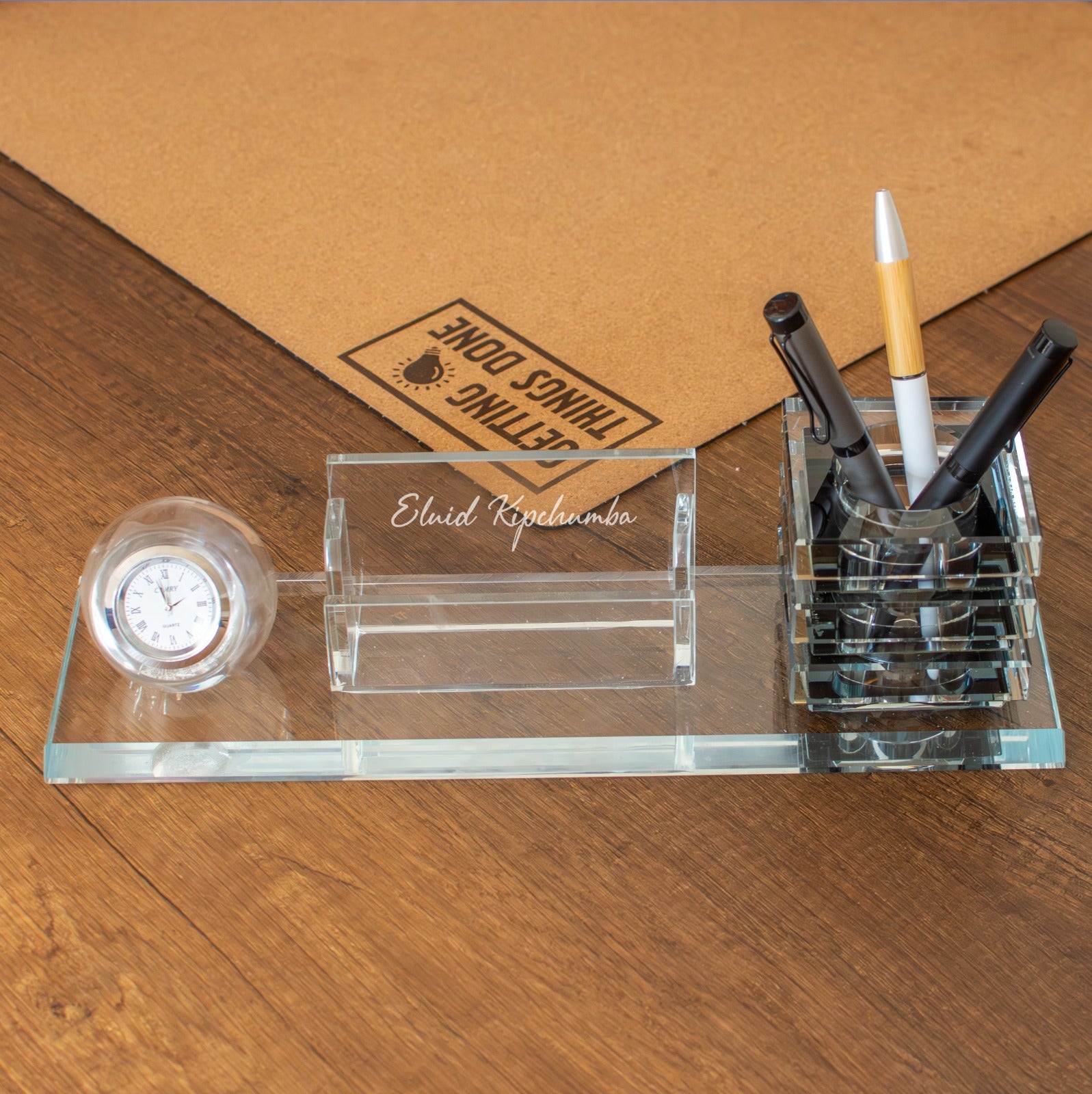 Personalised Glass Desk Organiser With Clock
