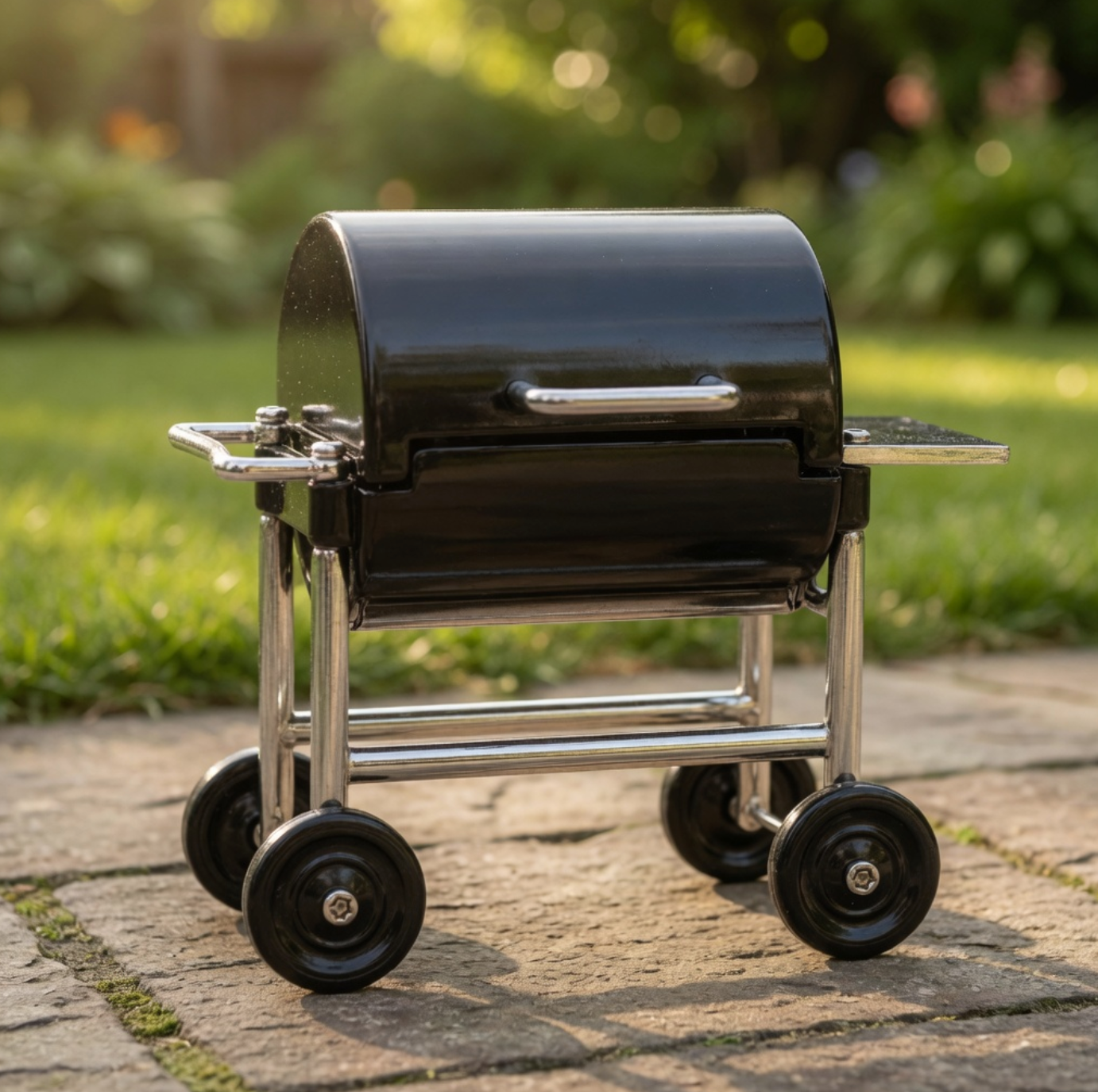 Black barbecue grill on wheels in a garden setting