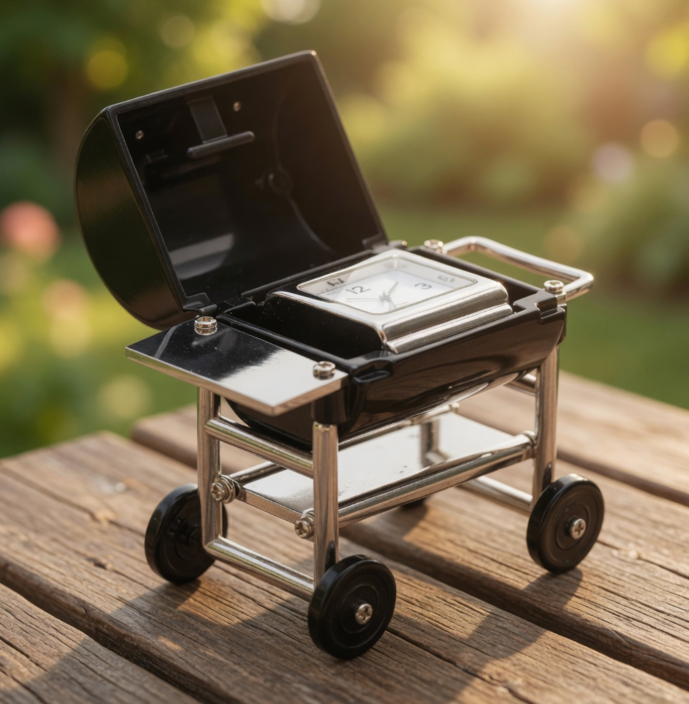 Miniature grill clock on a wooden surface with a blurred natural background