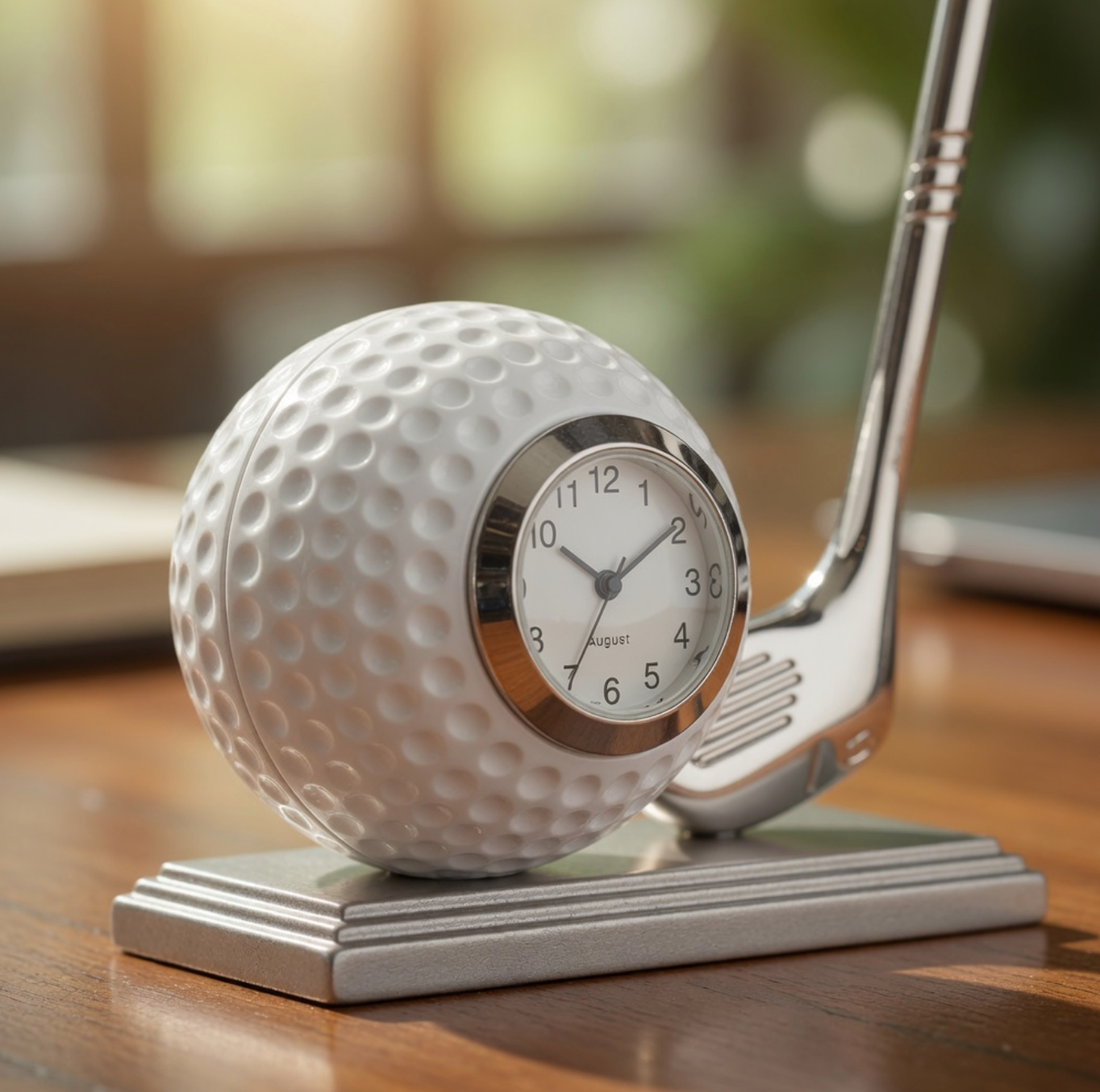 Golf ball clock with a golf club on a wooden surface