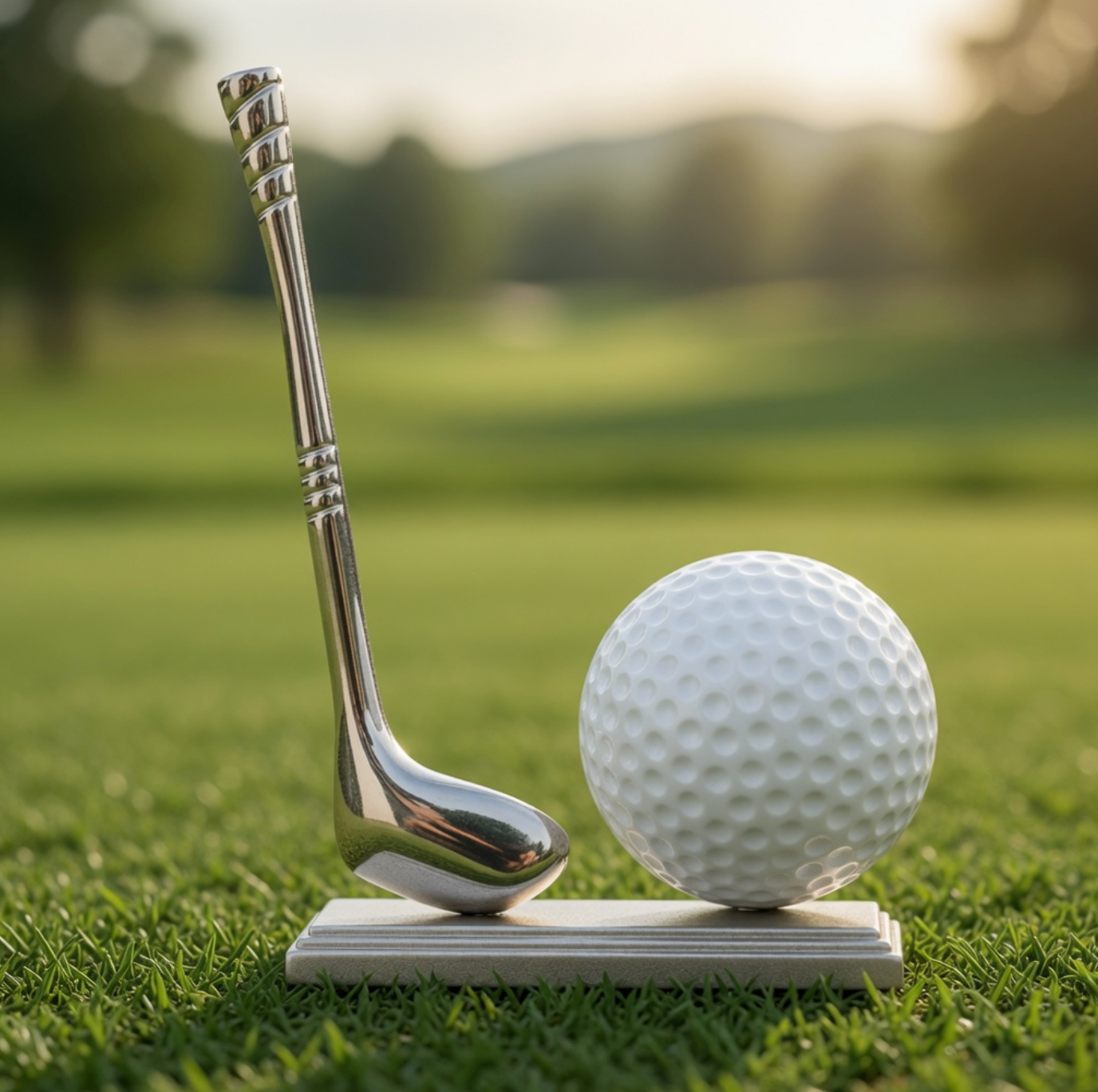 Golf club and ball on a green grass field with a blurred background