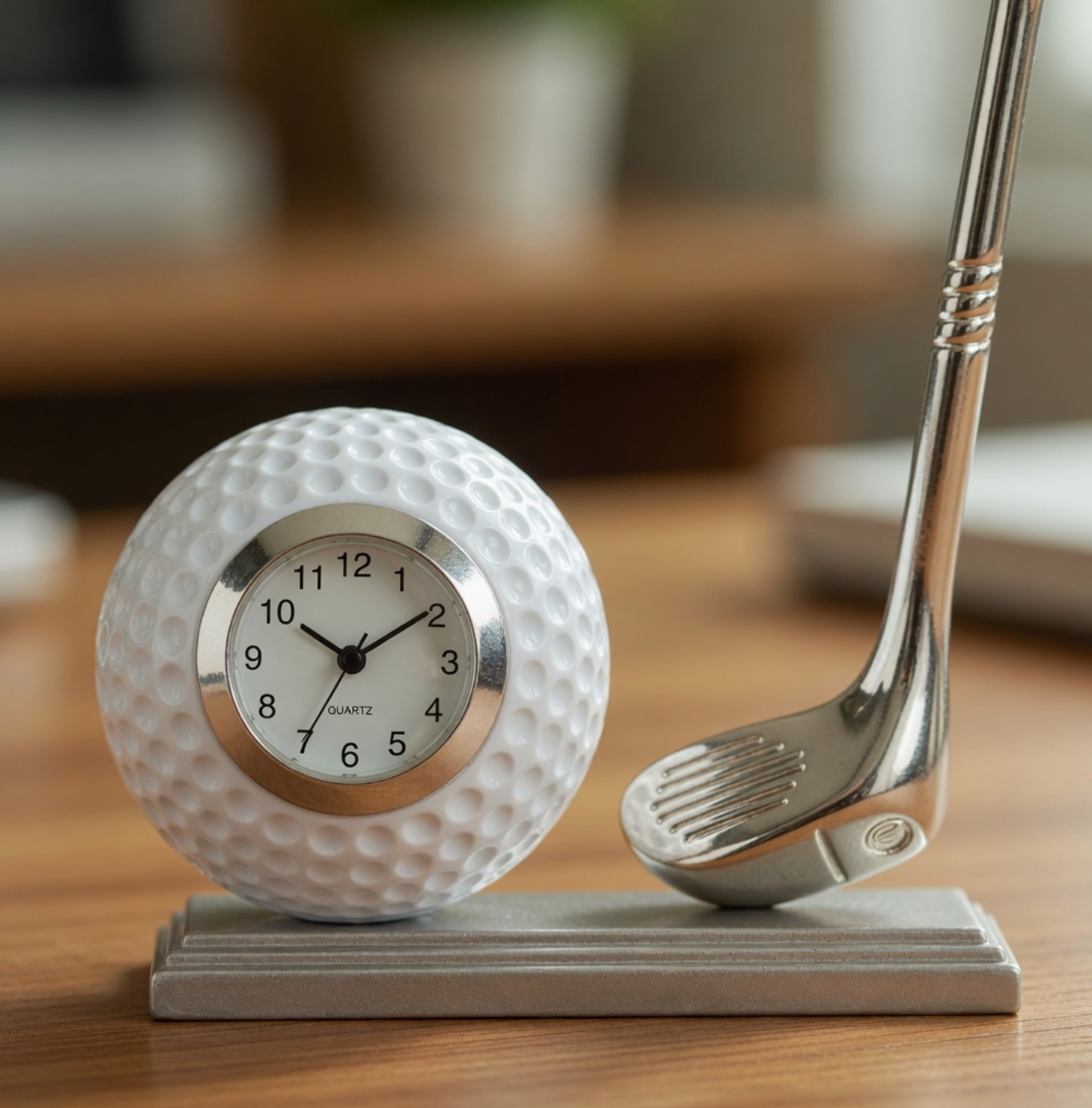 Golf ball clock with golf club on a wooden surface