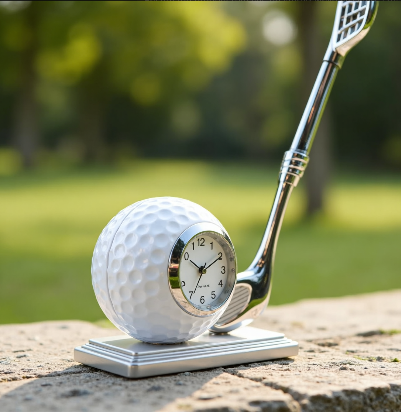 Golf ball clock with golf club on a wooden surface with a blurred green background