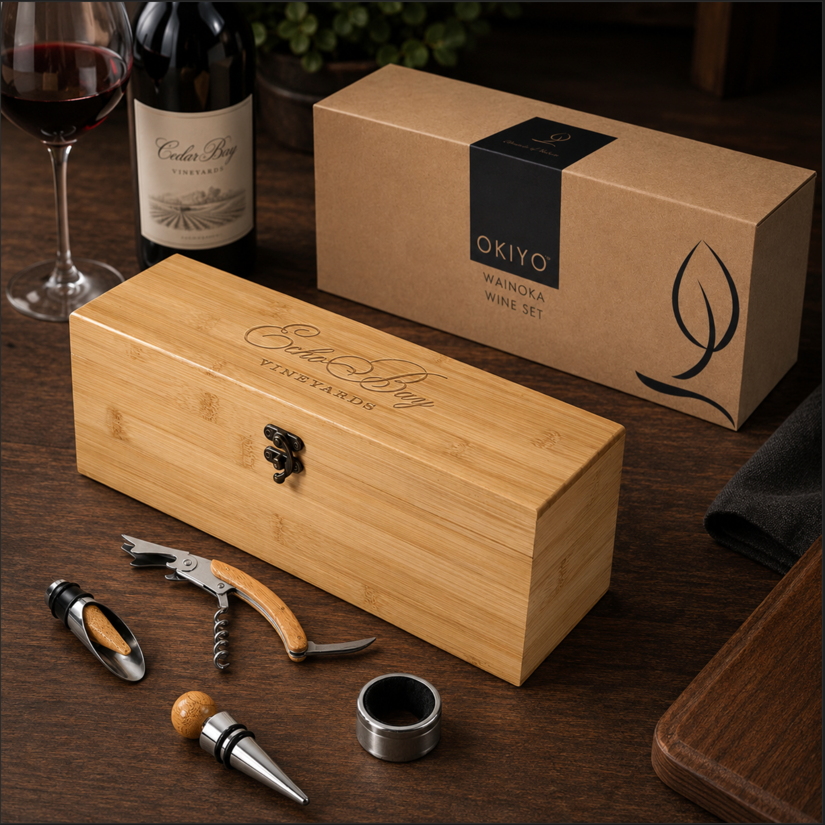 Wine set with wooden box, wine bottle, and accessories on a wooden surface.
