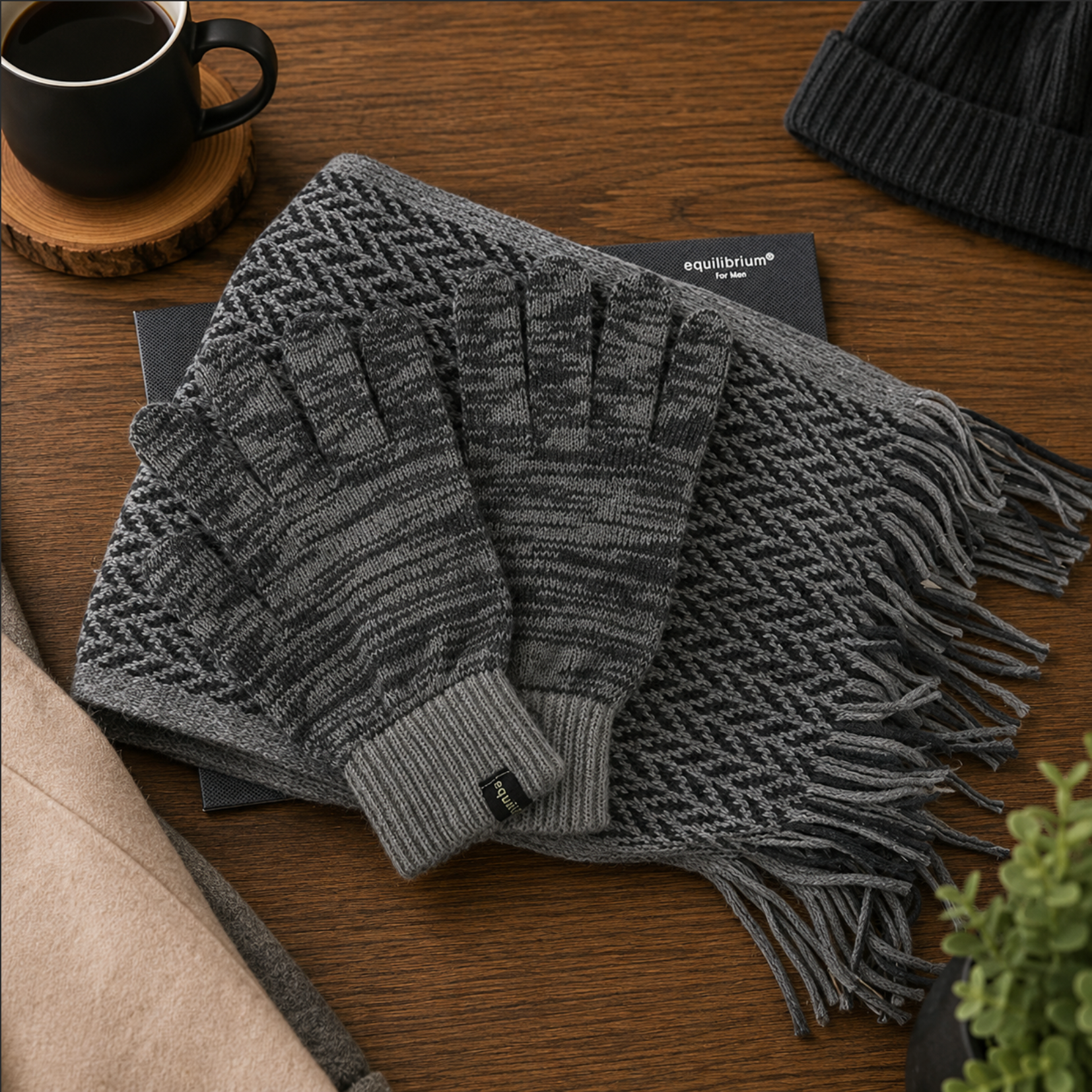 Gray scarf with fringe on a wooden surface next to a black mug and beanie.