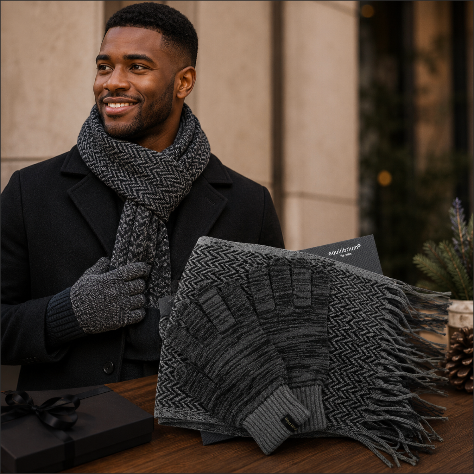 EQ For Men Two Tone Scarf & Gloves Set – Striped Design