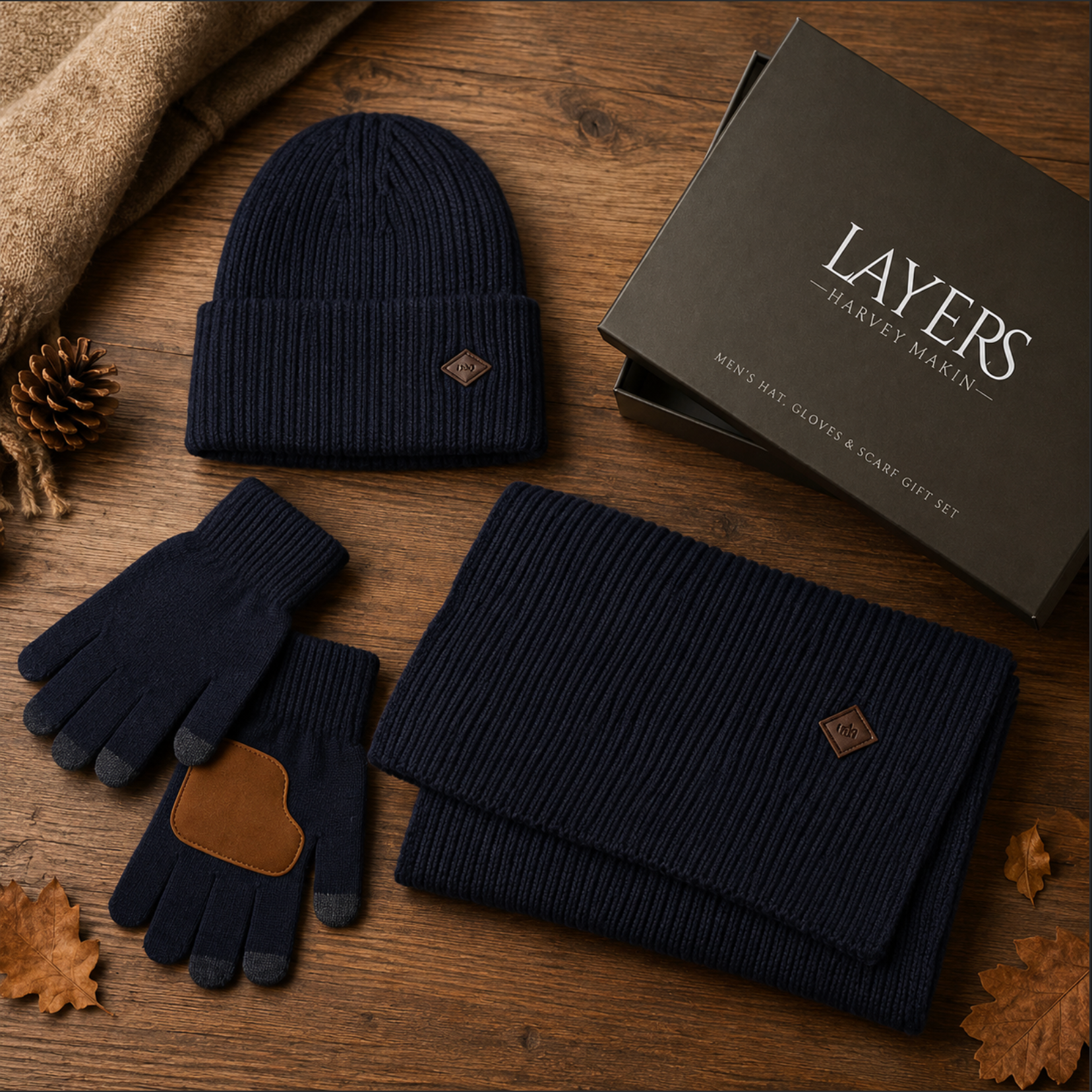 Harvey Makin Layers Hat, Gloves & Scarf Gift Set – Navy Blue