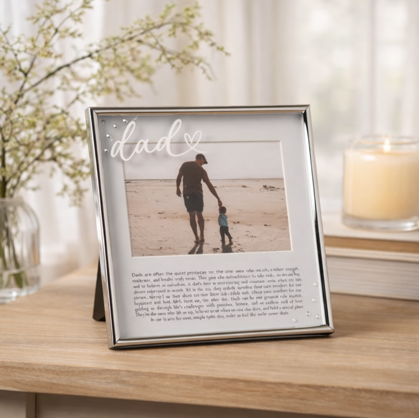Framed photo of a man and child on a beach with 'dad' text, placed on a wooden surface.