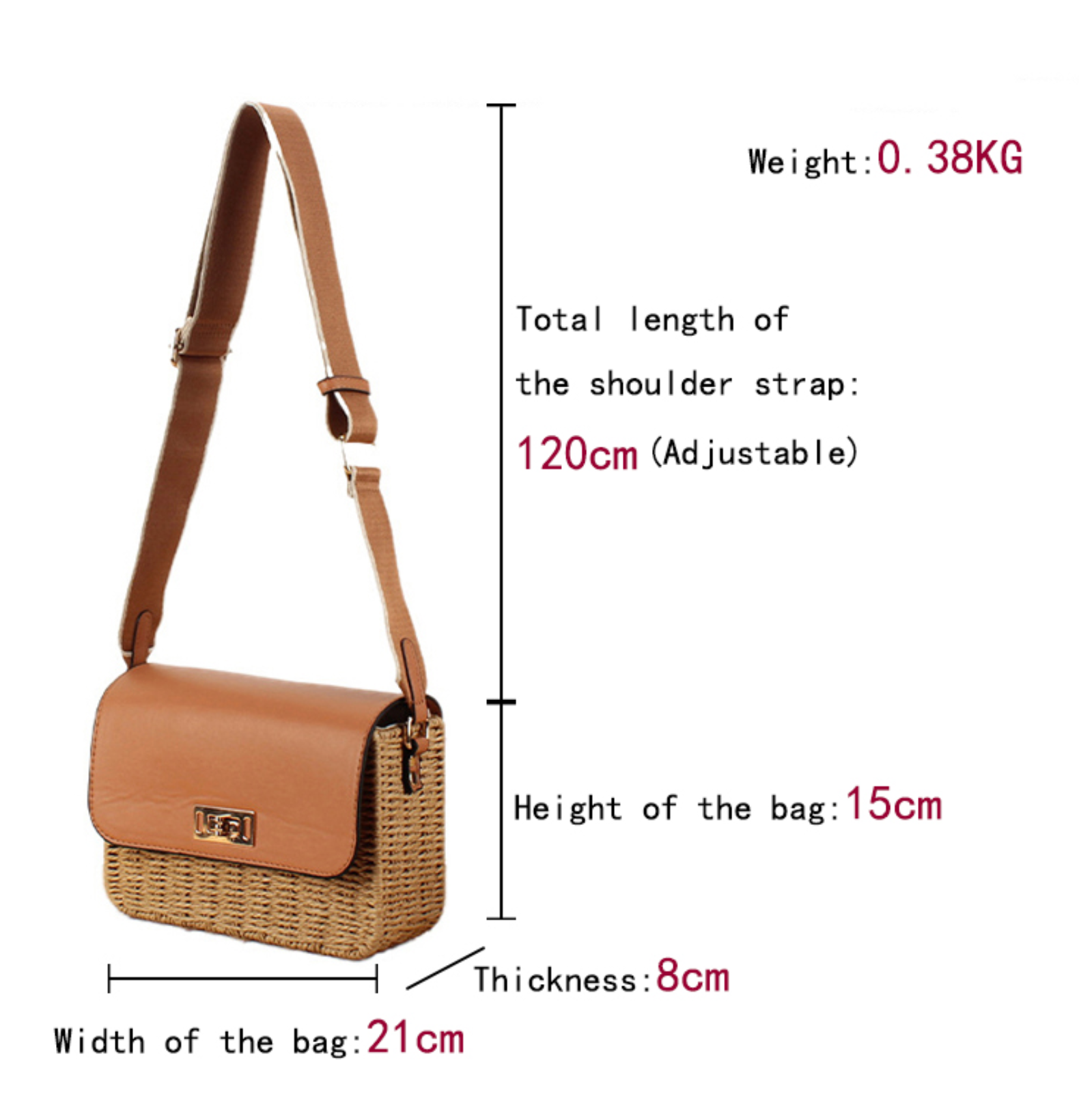 Women’s Rattan Straw Crossbody Purse / Woven Sling & Shoulder Bag – 21 × 7.5 × 14 cm
