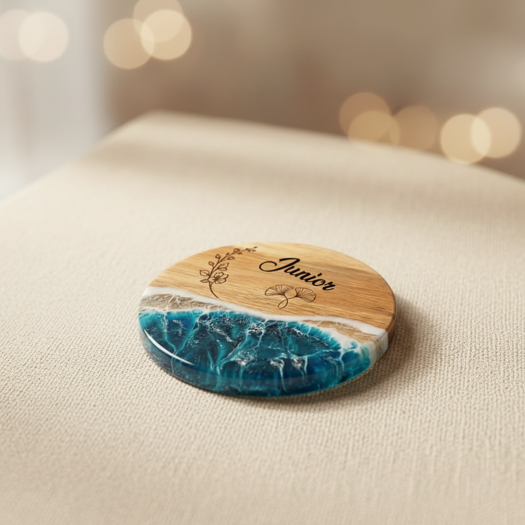 Wooden coaster with blue resin design and 'Junior' engraving on a white background