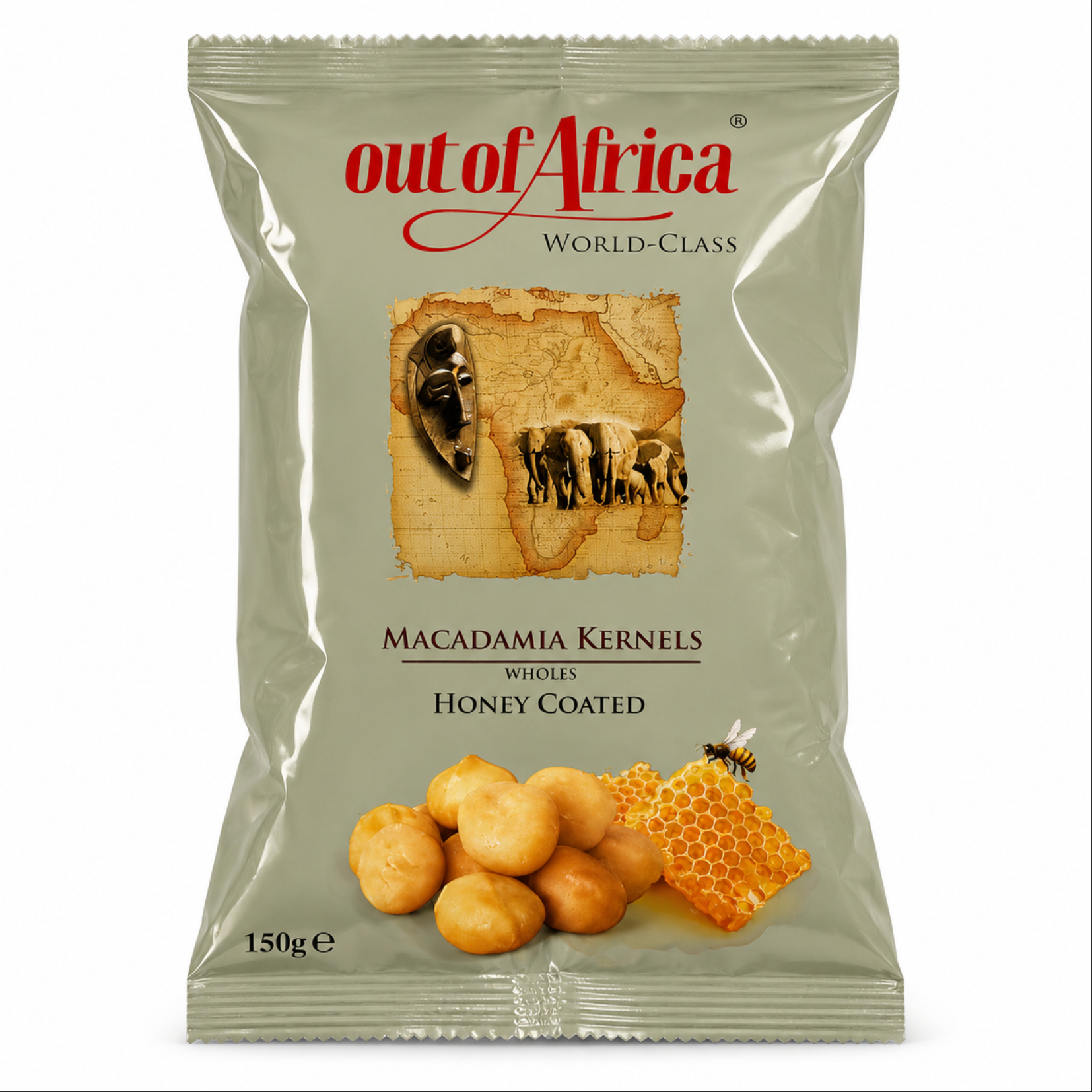 Packaging of Out of Africa honey-coated macadamia kernels on a white background