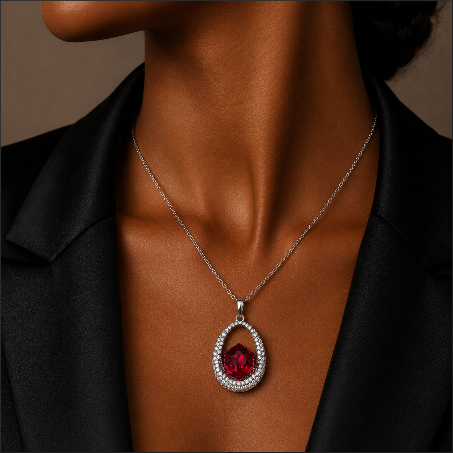 Necklace with a red gemstone pendant on a person wearing a black shirt.