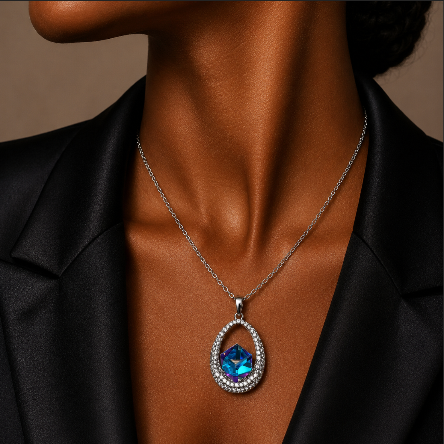 Necklace with a blue gemstone pendant worn by a person against a neutral background