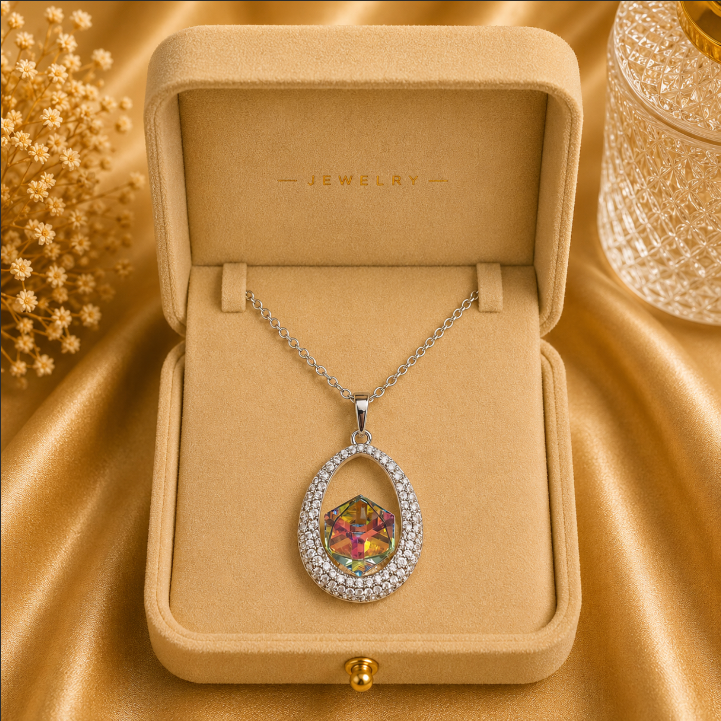 The Ava Necklace: Rhodium-Plated Oval Drop