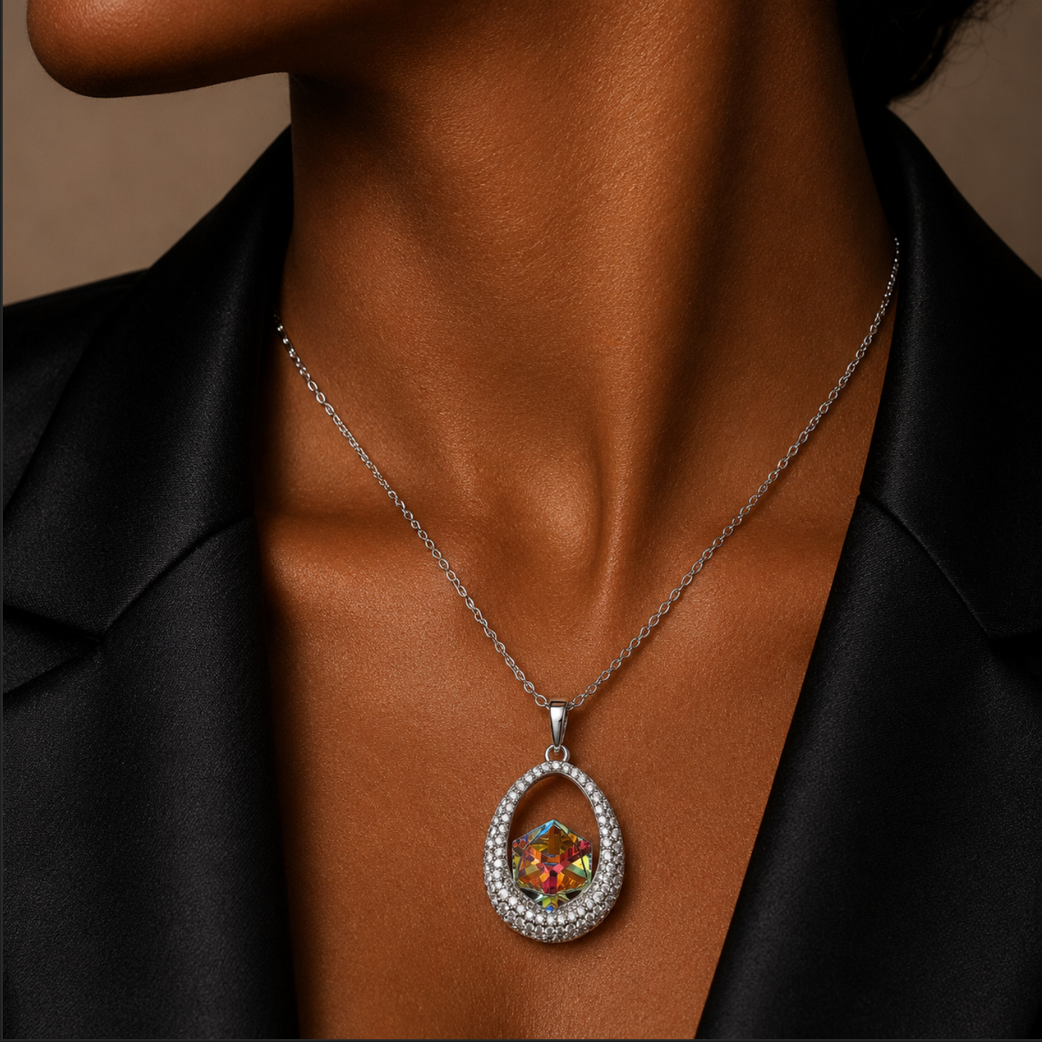 Necklace with a colorful pendant on a person wearing a black garment.