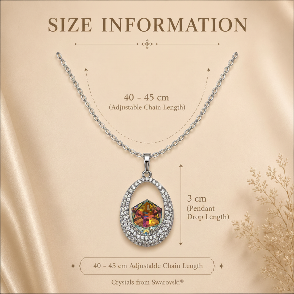 Necklace with pendant size information on a beige background