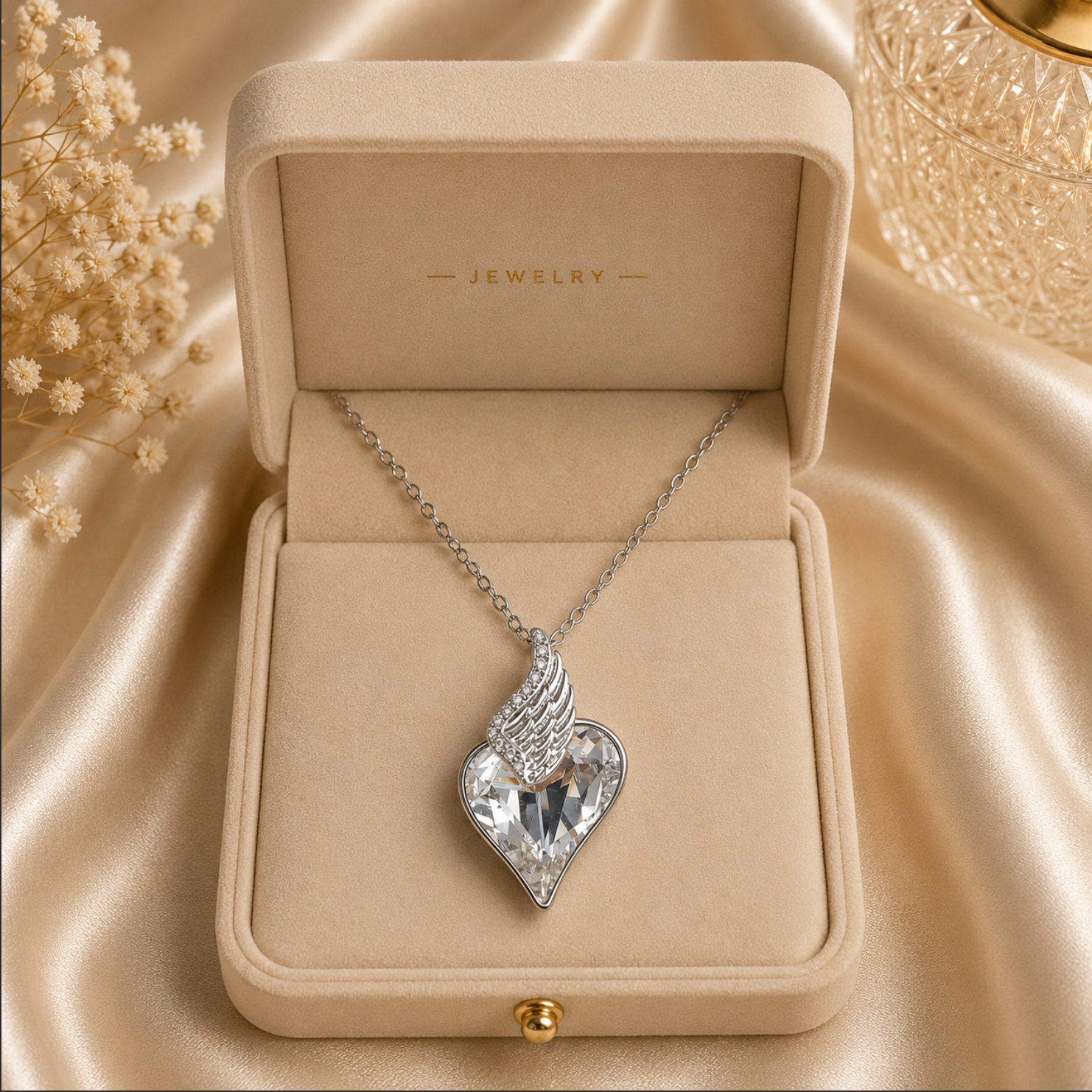 Silver necklace with a heart-shaped pendant in a jewelry box on a satin surface.