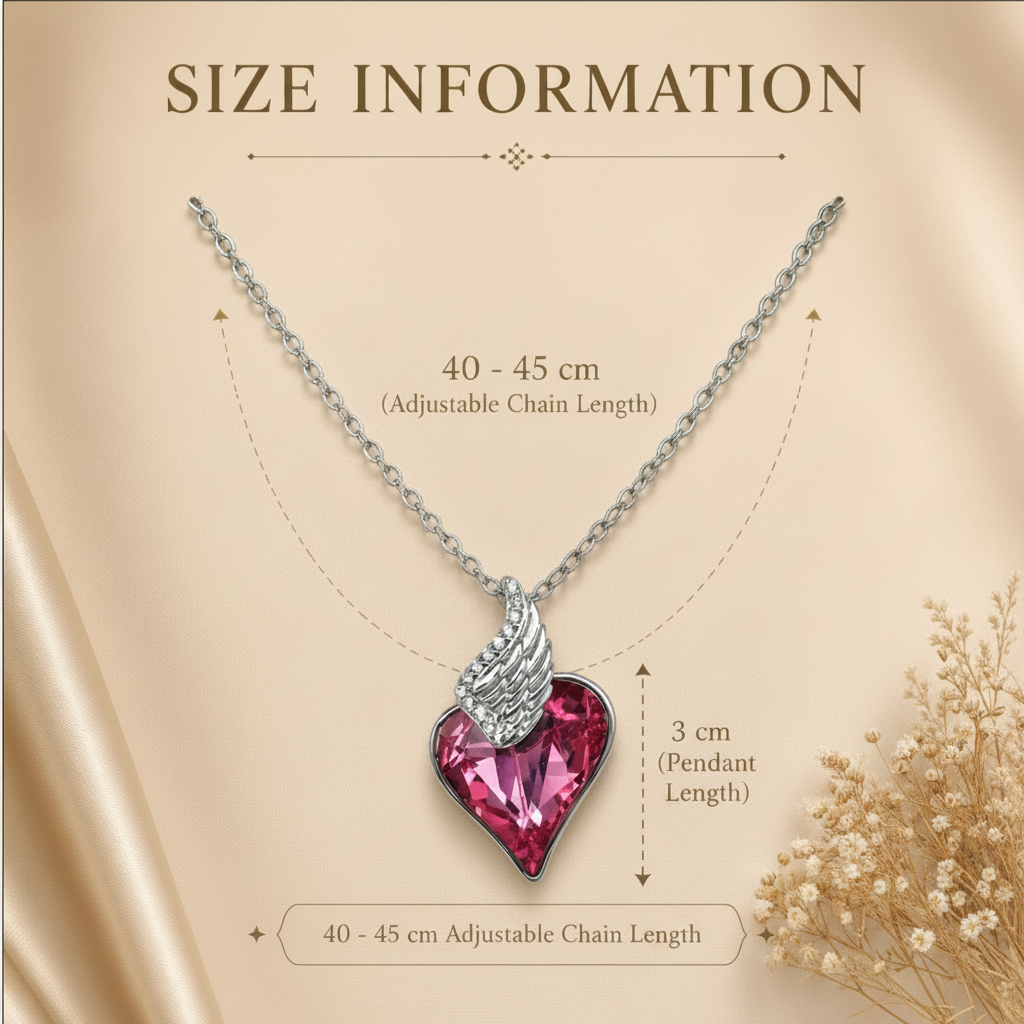 Necklace with a pink heart pendant and size information on a beige background
