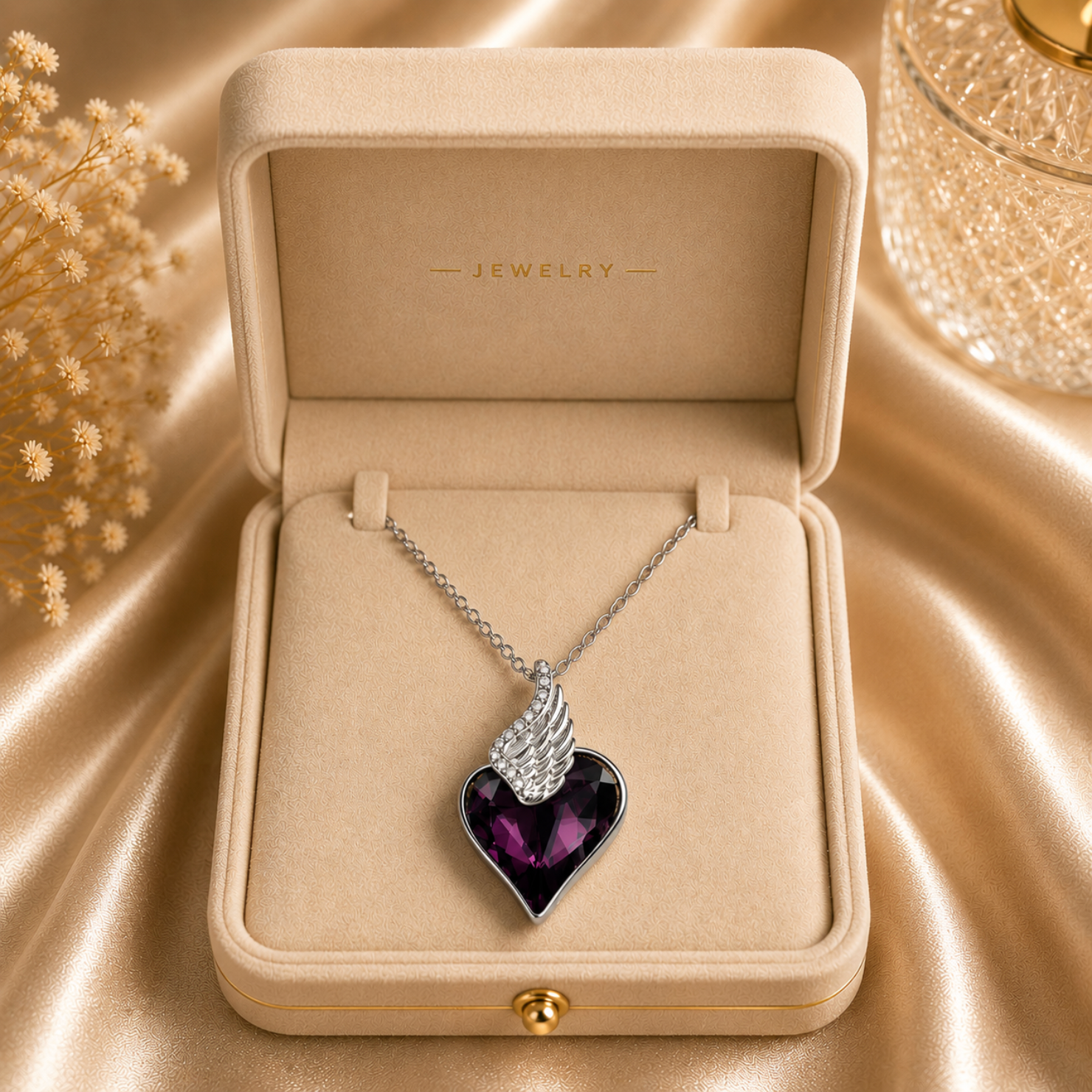 Heart-shaped pendant with wings in a jewelry box on a satin surface