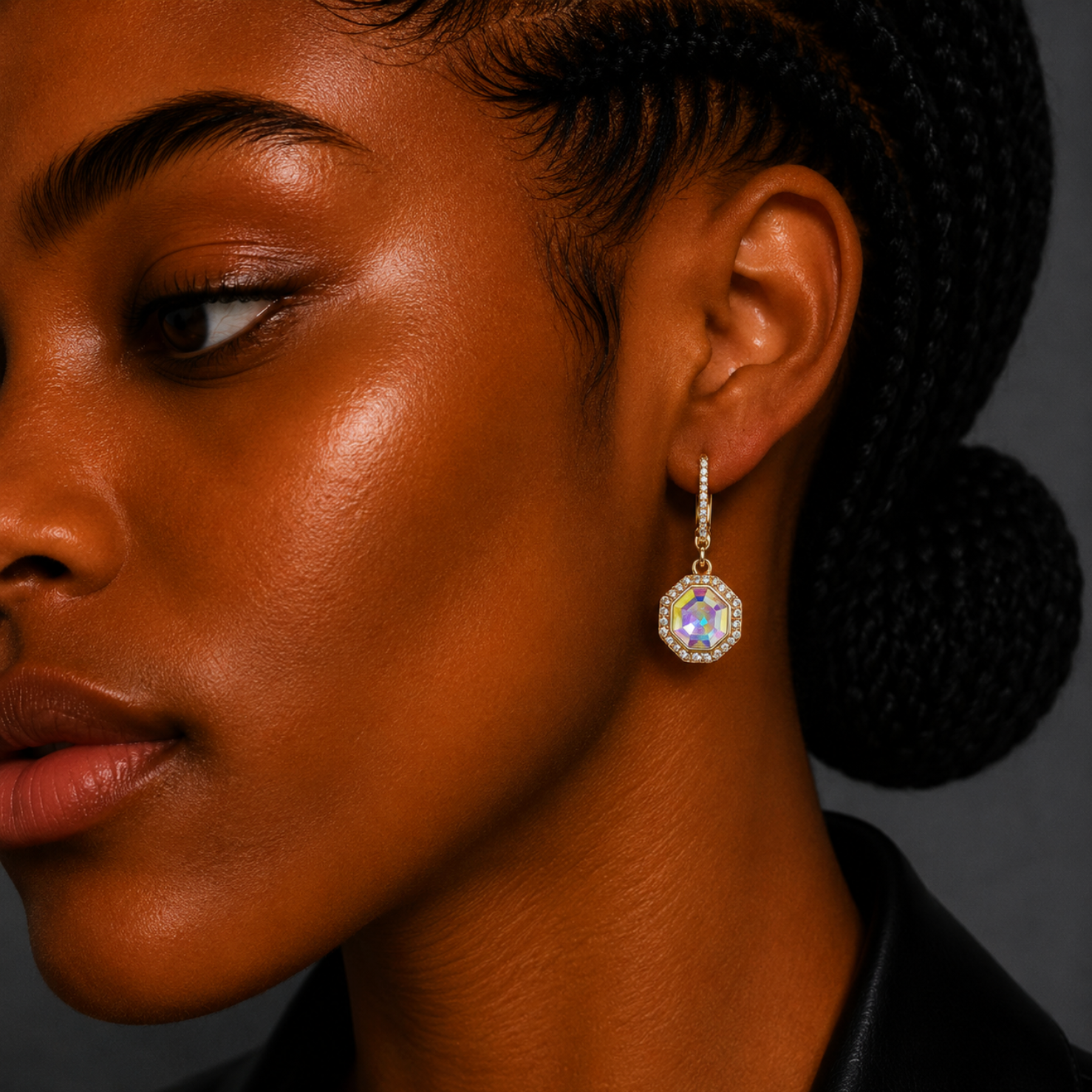 Close-up of a woman wearing a sparkling earring with a dark background