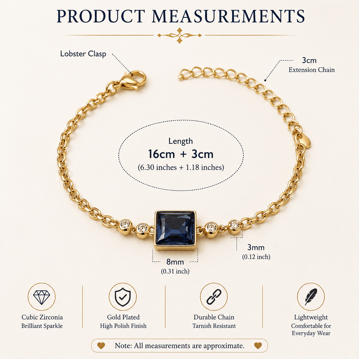 The Sara Bracelet – 18k Gold Plated – Navy Blue - meausurement