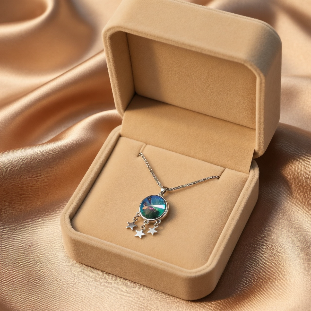 Necklace with a pendant in an open beige jewelry box on a beige fabric background