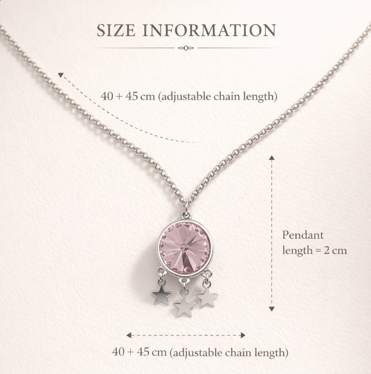 Necklace with pink pendant and star charms, size information displayed.
