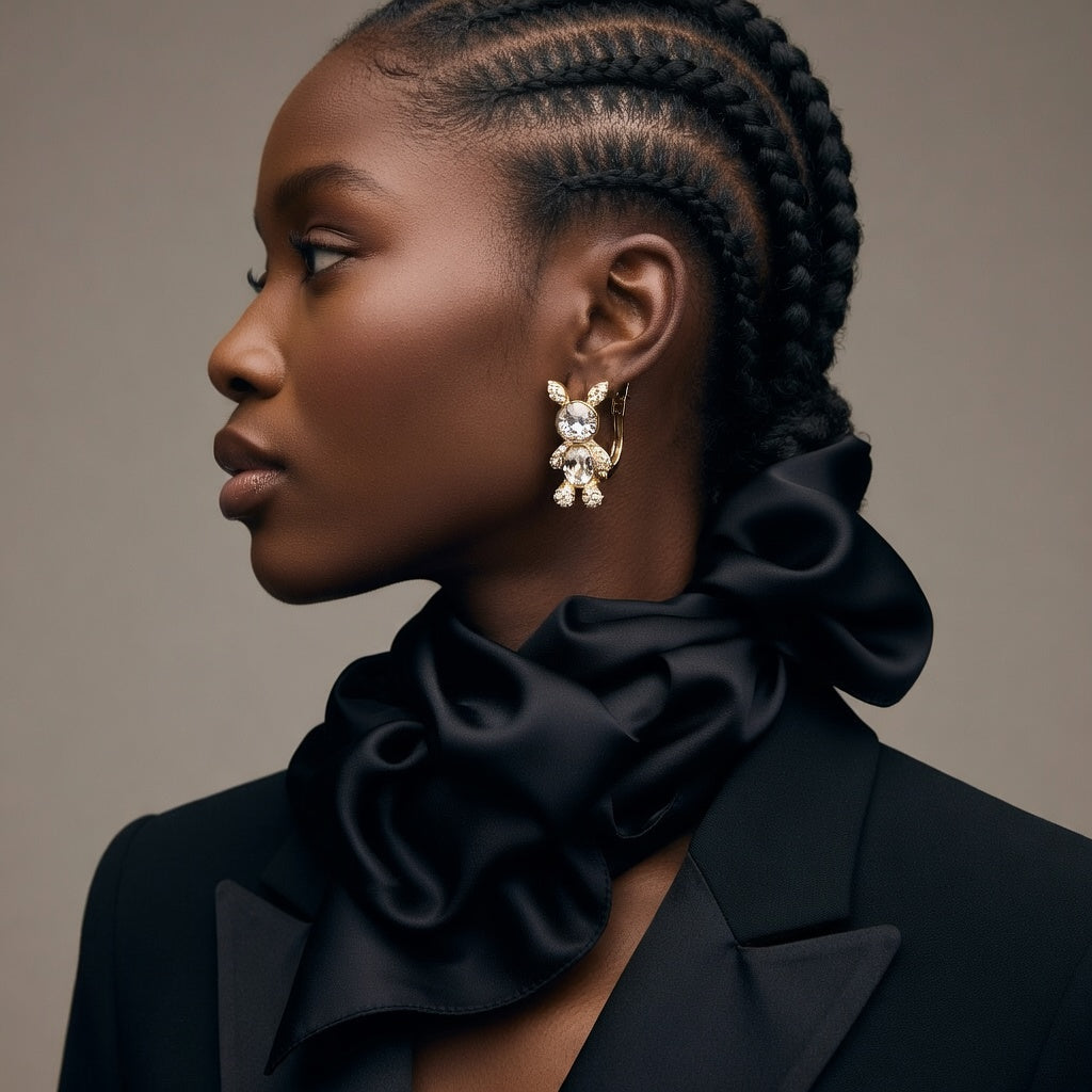 Woman wearing a black scarf and elegant earrings against a neutral background