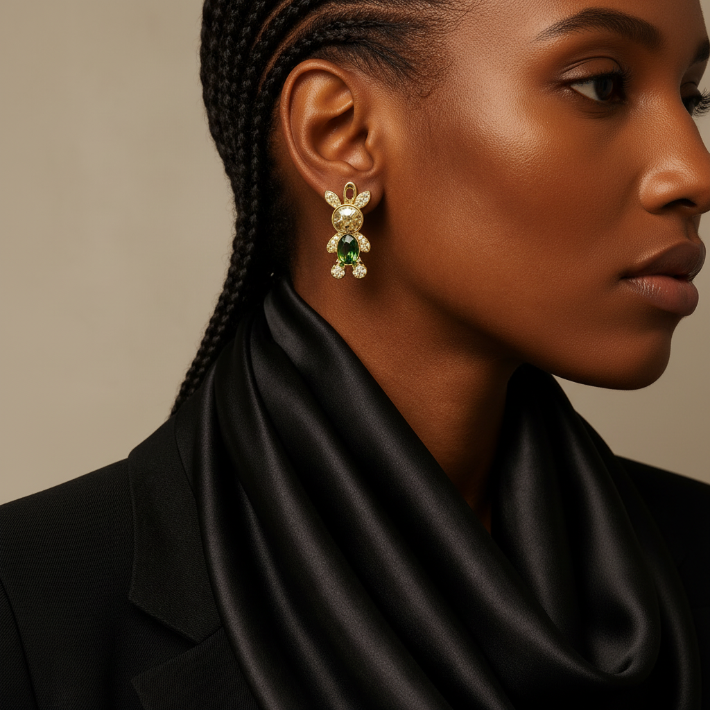 Close-up of an ear wearing a gold and green earring with braided hair and black scarf.