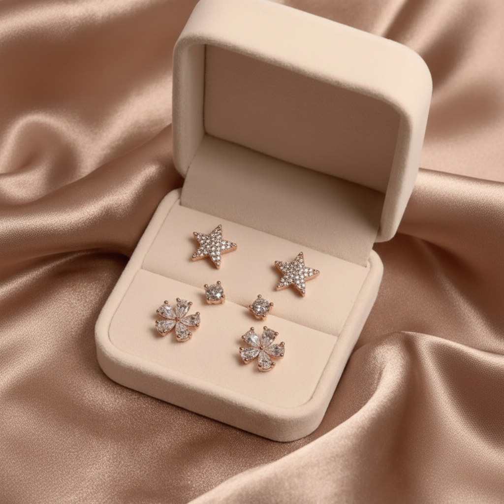 Rose gold earrings in a jewelry box on a pink satin background
