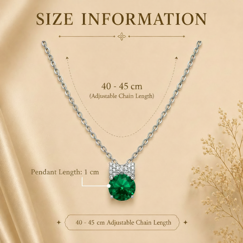 Necklace with green pendant and size information on a beige background