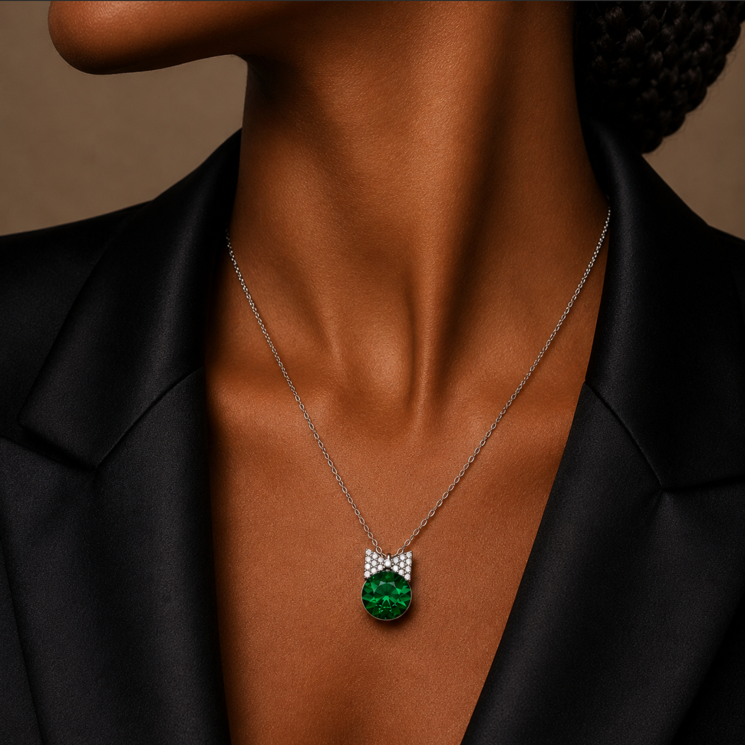 Necklace with a green gemstone pendant worn by a person against a neutral background