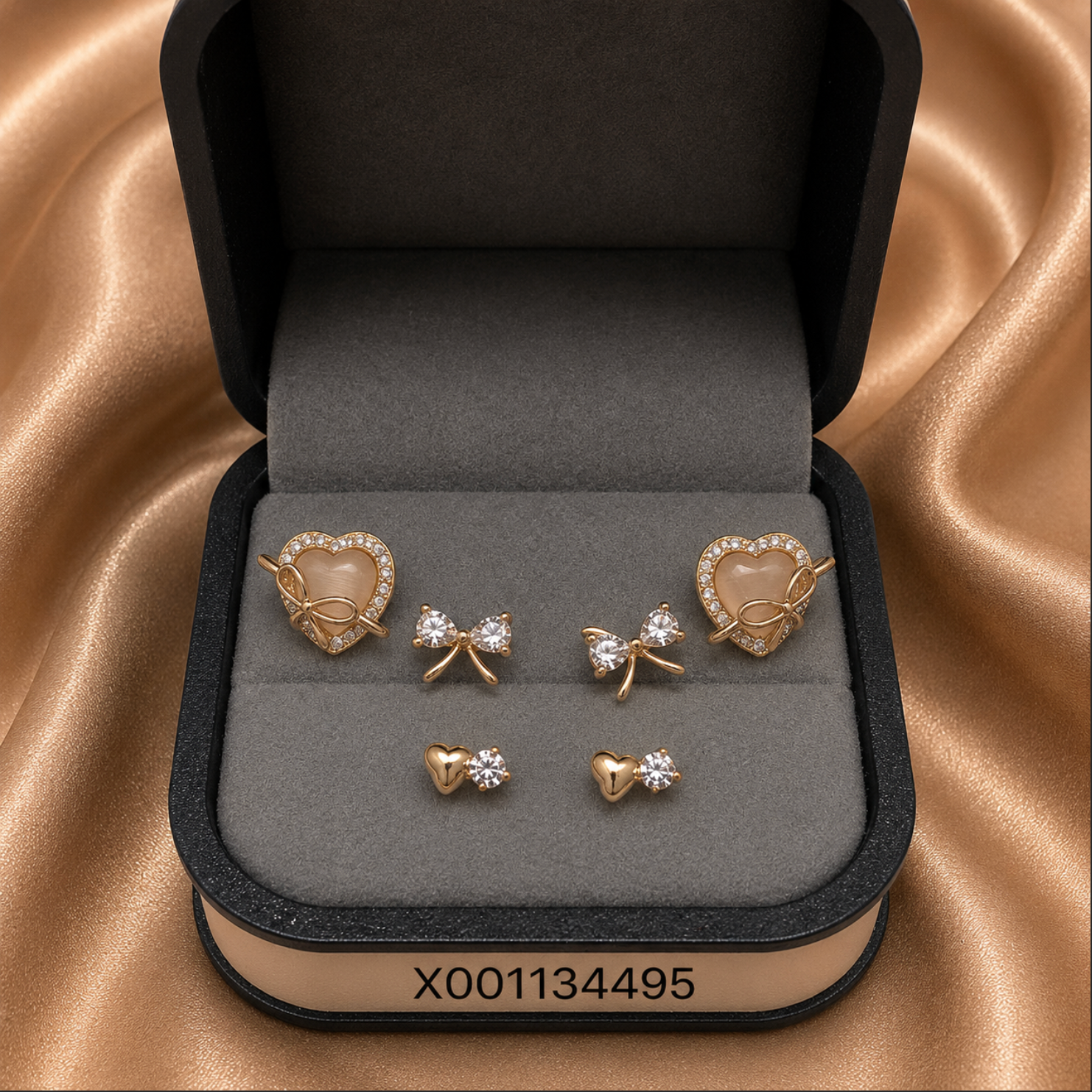 Crystal Trio Earring Set – Heart, Bow & Stud
