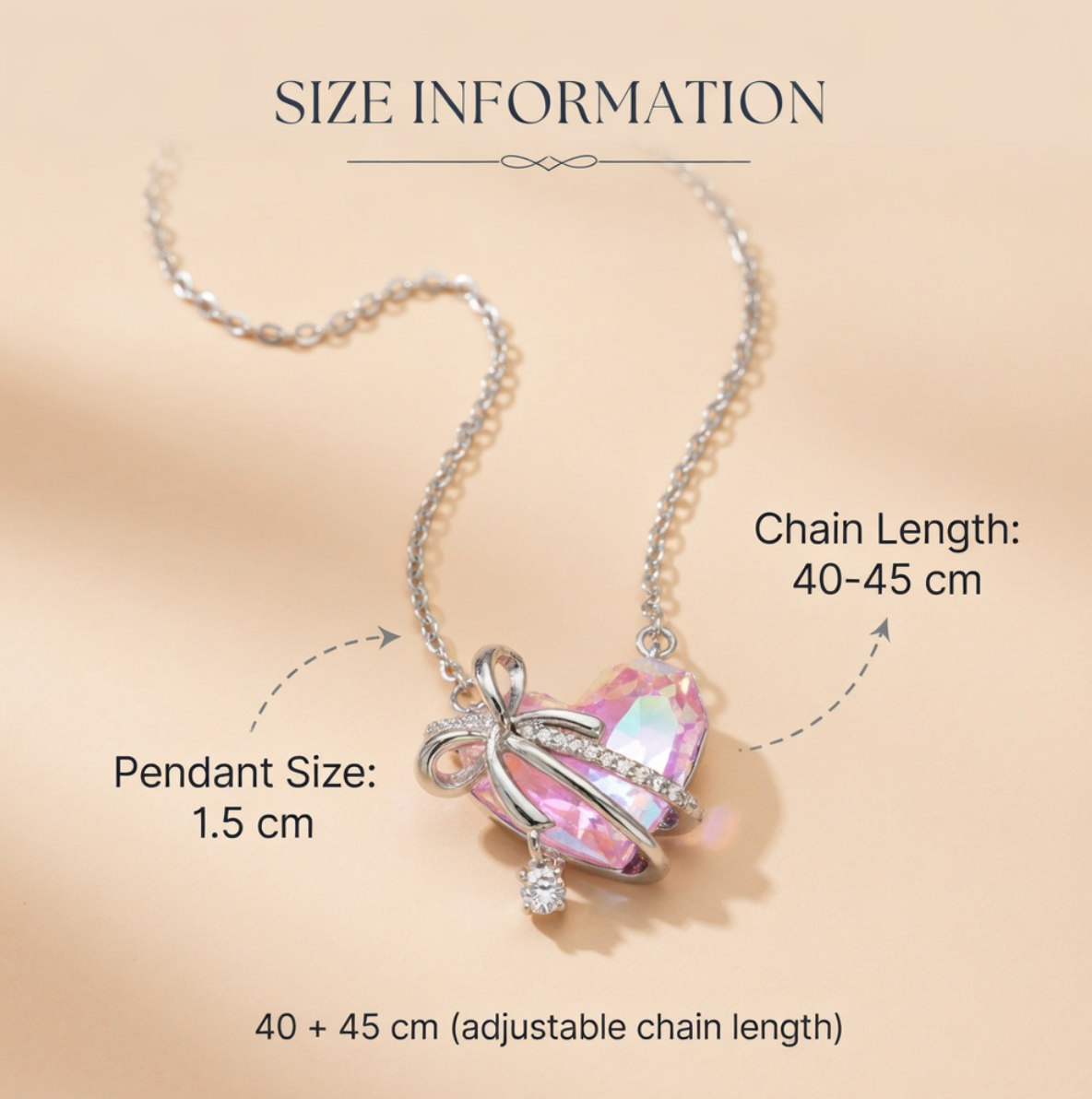 Necklace with pink pendant and size information on a beige background