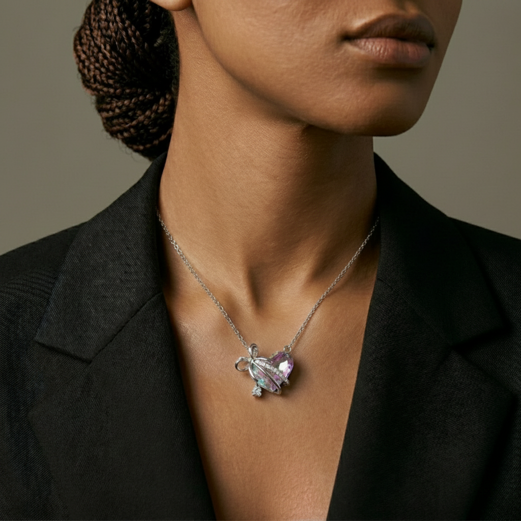 Necklace with a pendant worn by a person against a neutral background