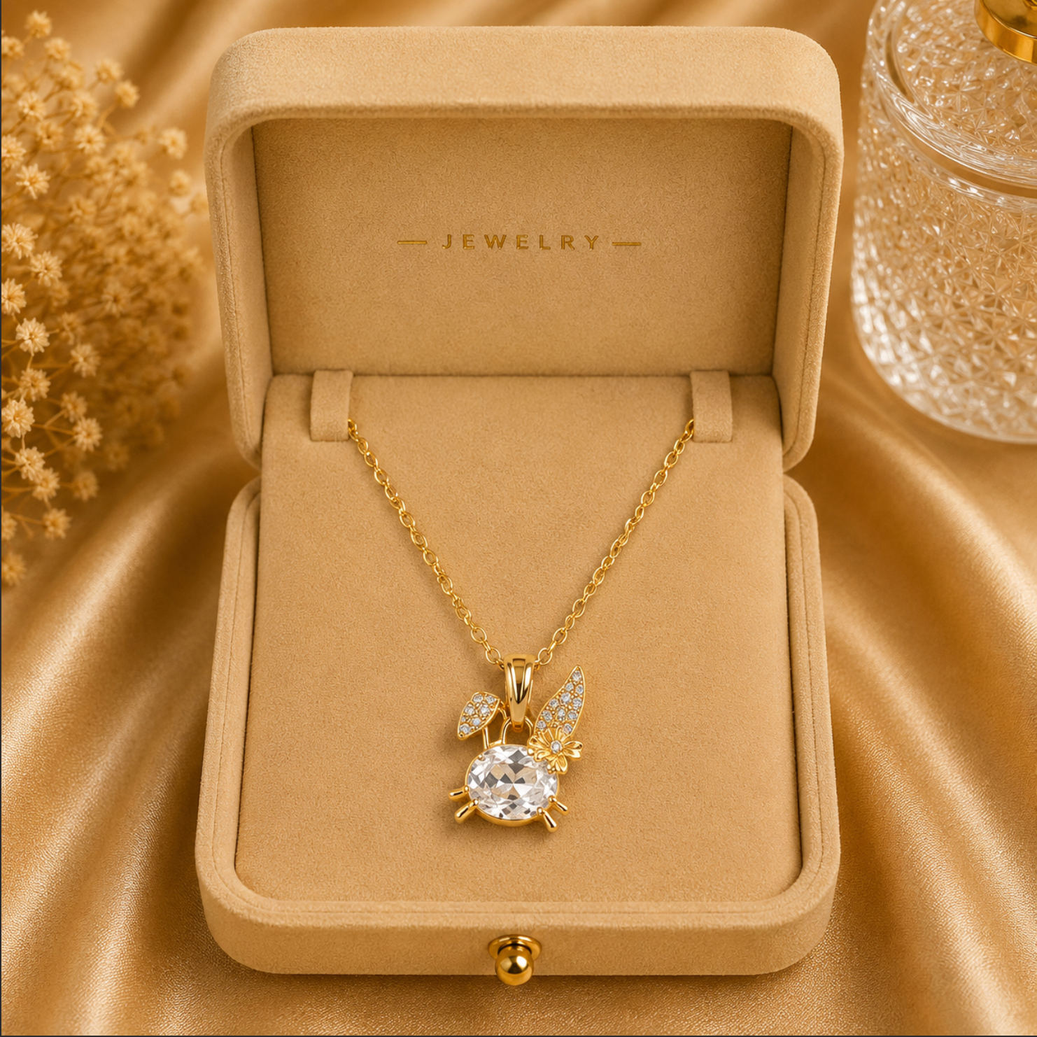 Gold necklace with a pendant in an open jewelry box on a gold fabric background