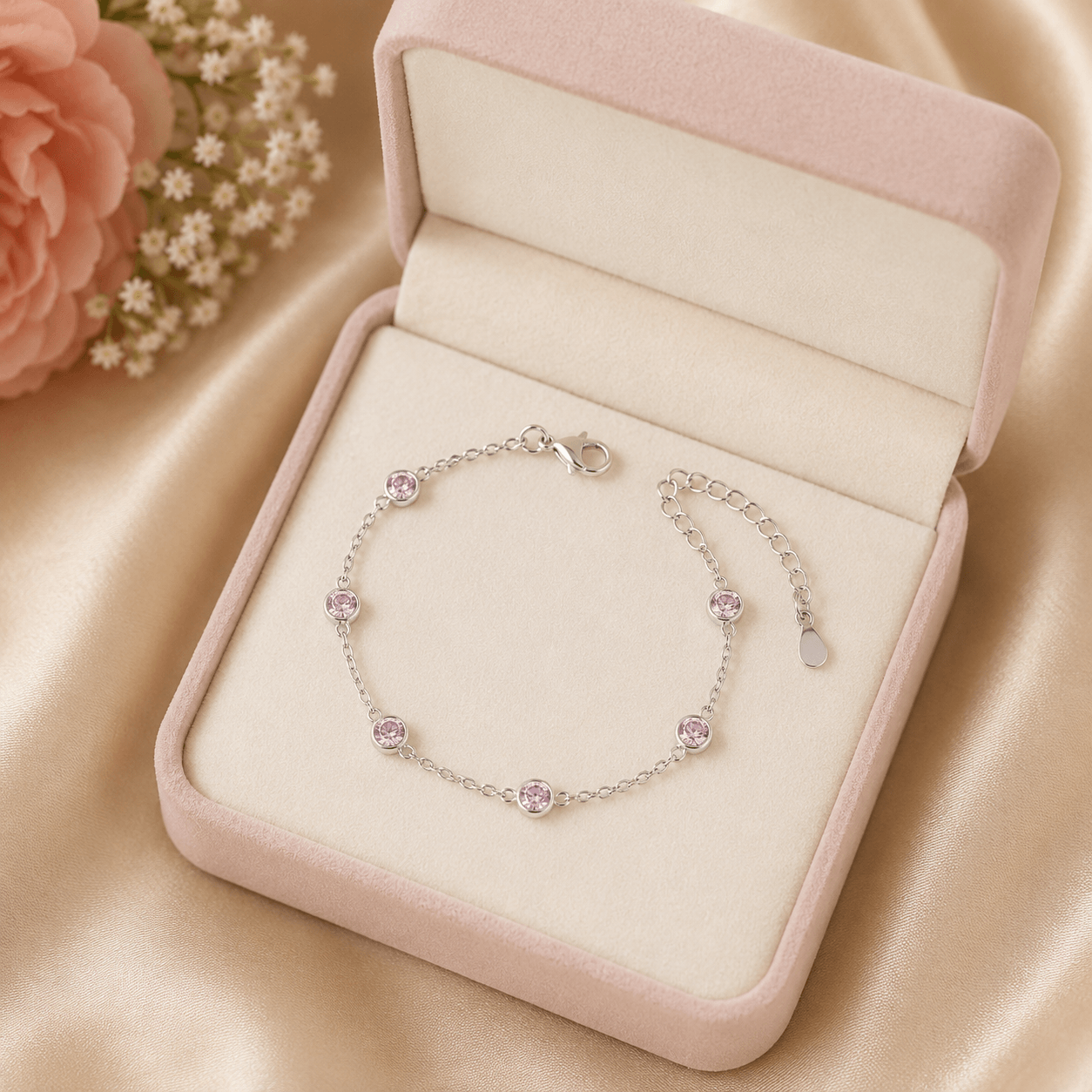 The Rose Bracelet – Rhodium Plated – Pink - box