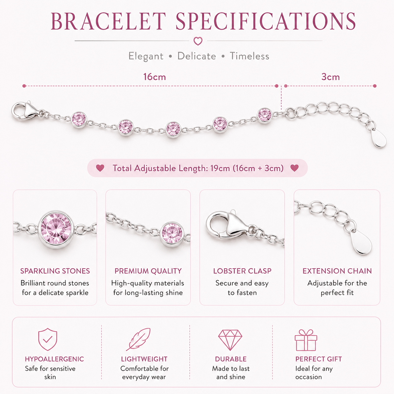 The Rose Bracelet – Rhodium Plated – Pink - measurement