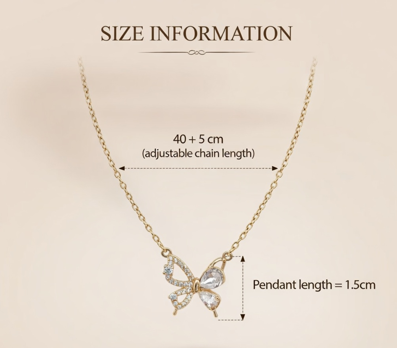 Butterfly pendant necklace with size information on a beige background